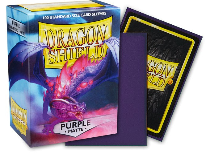 Dragon Shield Matte Sleeves in purple, 100-count pack, designed for standard card protection with a dragon-themed box.