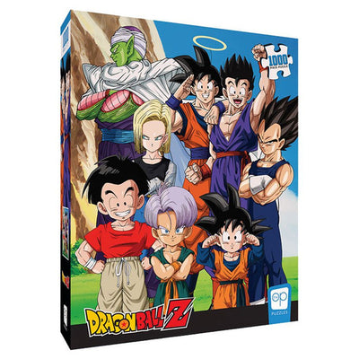 Dragon Ball Z Buu Saga 1000 piece puzzle featuring iconic characters like Goku, Vegeta, and Piccolo in vibrant colors.