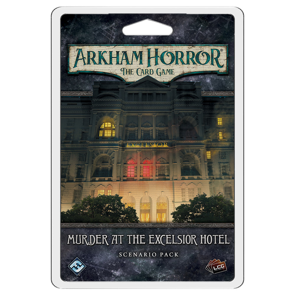 Arkham Horror LCG Murder at the Excelsior Hotel scenario pack featuring a haunted hotel facade with eerie lighting.
