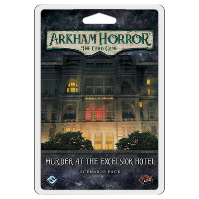 Arkham Horror LCG Murder at the Excelsior Hotel scenario pack featuring a haunted hotel facade with eerie lighting.
