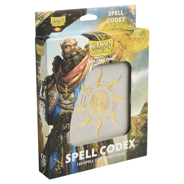 Dragon Shield Spell Codex Card Portfolio in Ashen White, designed for 160 spell cards, featuring a sun emblem on the cover.