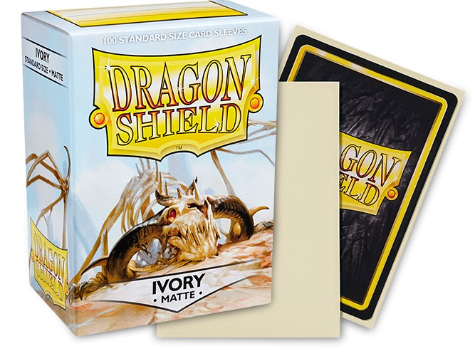 Dragon Shield Matte Sleeves in Ivory, 100-count pack, featuring a protective design for standard size cards.