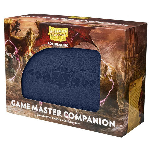 Dragon Shield Midnight Blue Game Master Companion box featuring a sleek design and game master screen for tabletop RPGs.