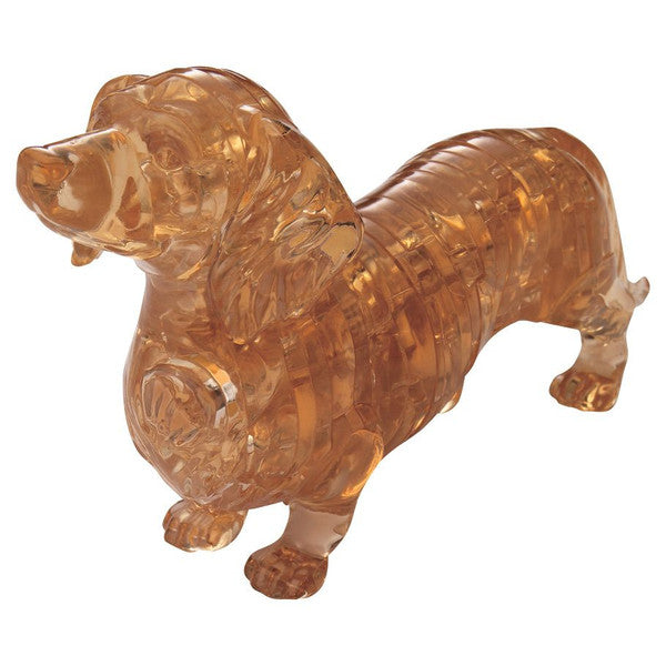 3D crystal dachshund puzzle featuring a translucent amber design, showcasing intricate detailing and a playful pose.