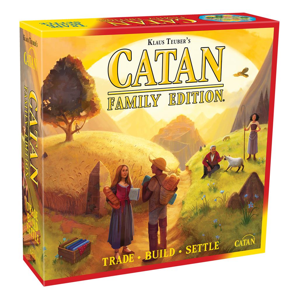 Catan Family Edition board game box featuring vibrant artwork of characters trading and building in a scenic landscape.