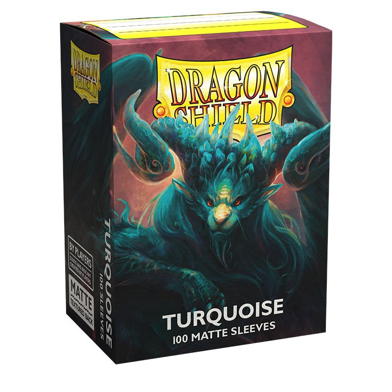 Dragon Shield Matte Sleeves in Turquoise, featuring a mythical creature design, packaged in a 100-count box for card protection.