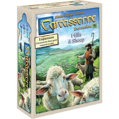 Carcassonne Expansion 9: Hills and Sheep box featuring pastoral landscapes, sheep, and game components for strategy play.