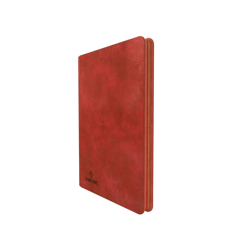 Red zip-up album by Gamegenic featuring 18 pockets for trading cards, designed for secure storage and organization.