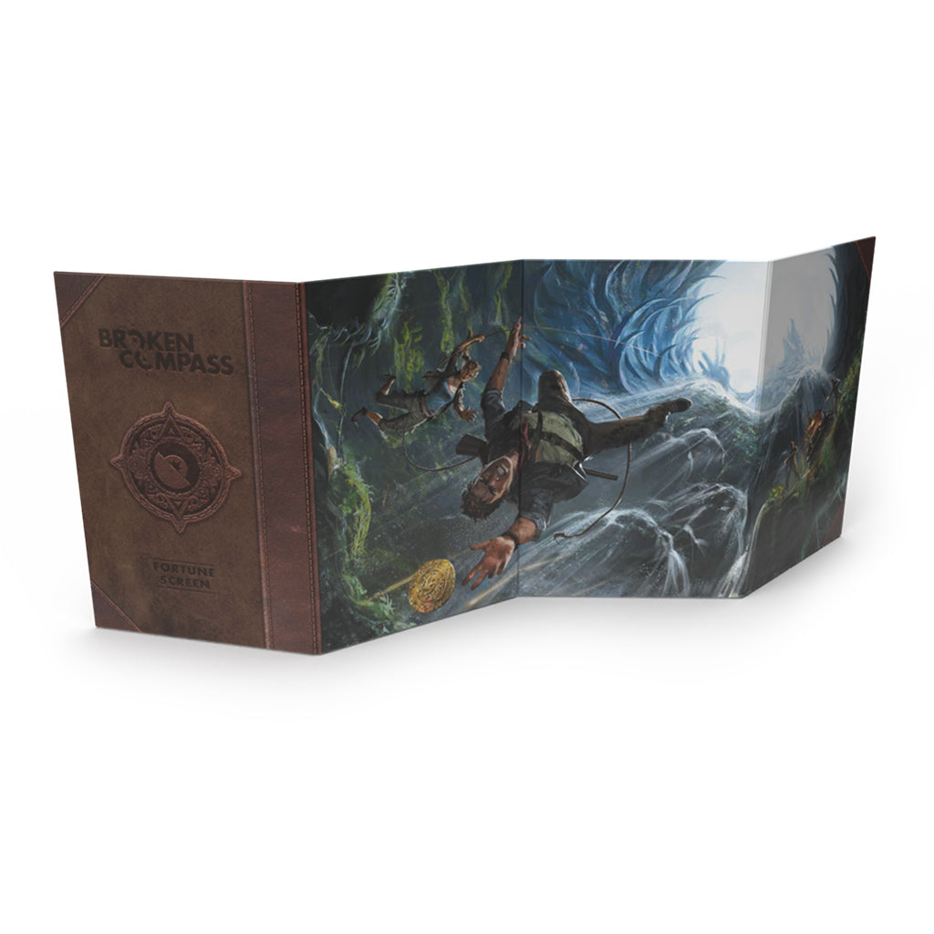 Broken Compass RPG Narrator Accessory Kit featuring a foldable screen with vibrant artwork of adventurers in a mystical landscape.