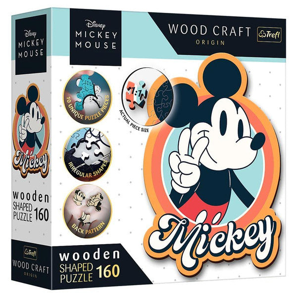 Mickey Mouse wooden shape puzzle box featuring 160 unique pieces with colorful designs and irregular shapes.