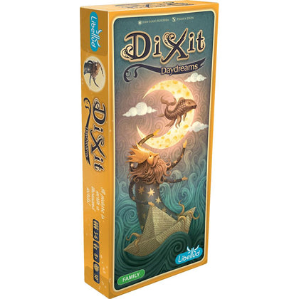 Dixit: Daydreams Expansion box featuring whimsical artwork of a lion with a crescent moon and stars, designed for family play.