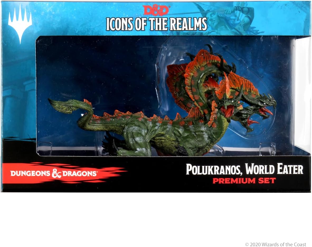 Dungeons & Dragons Polukranos miniature from Icons of the Realms, featuring a detailed green dragon-like creature in packaging.