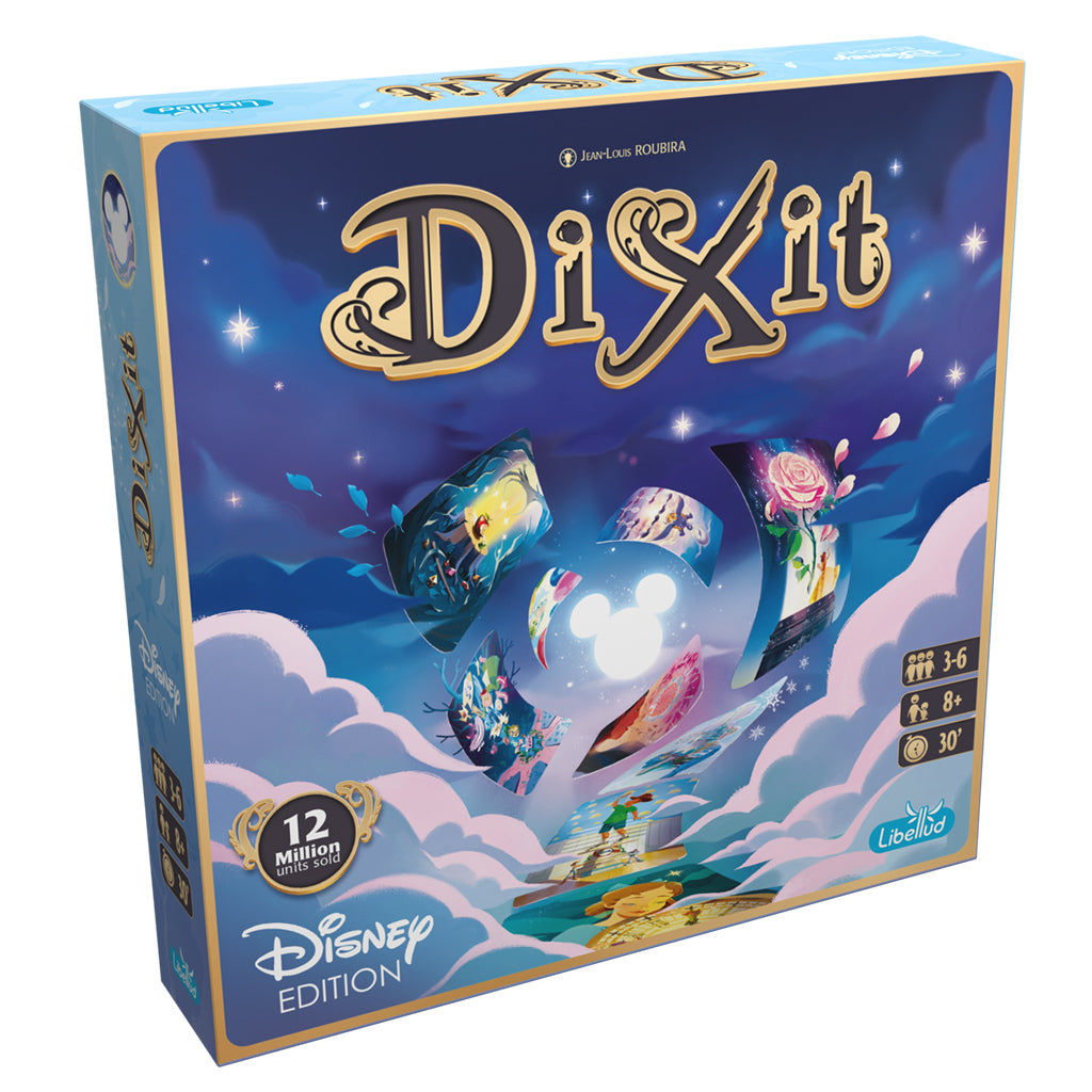 Dixit: Disney Edition board game box featuring whimsical artwork and Disney-themed illustrations for 3-6 players.