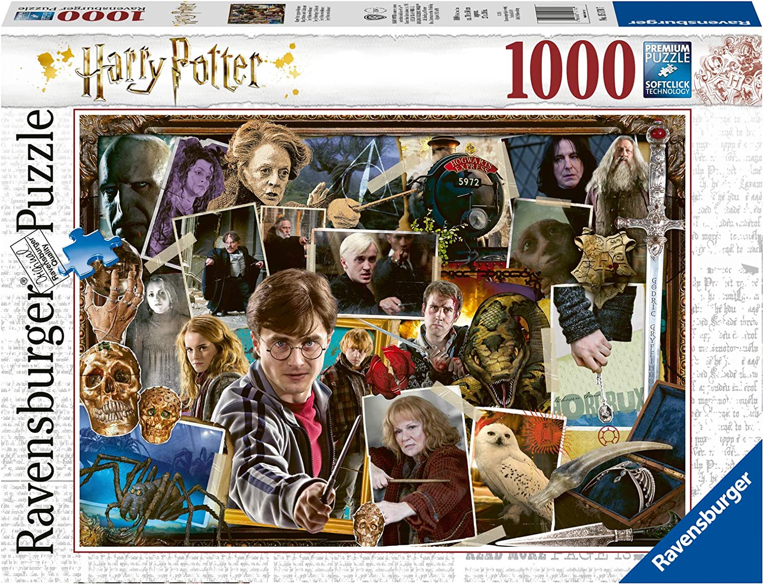 Harry Potter vs Voldemort 1000 piece puzzle featuring iconic characters and scenes from the series, designed by Ravensburger.