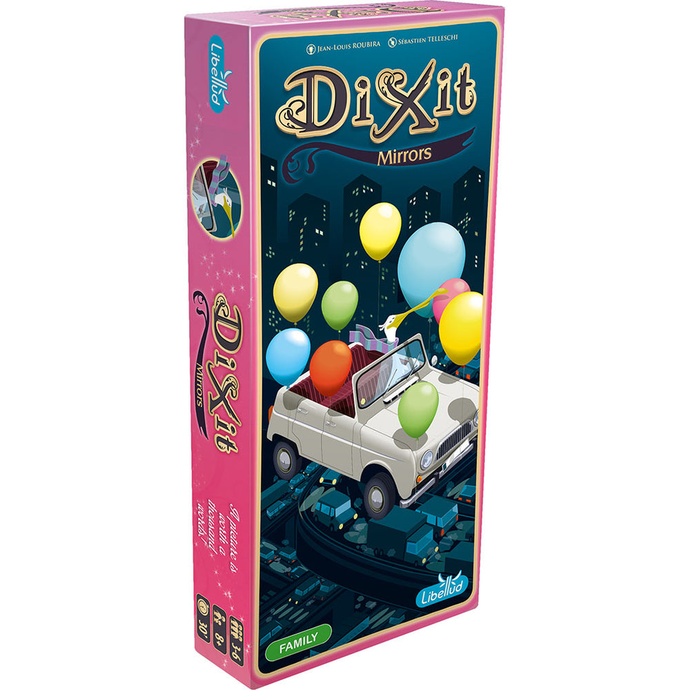 Dixit: Mirrors Expansion box featuring a whimsical car with colorful balloons against a city backdrop.