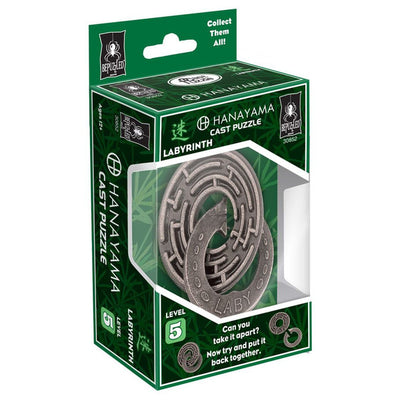Hanayama Labyrinth Level 5 puzzle in packaging, featuring a complex metal design challenging users to disassemble and reassemble.