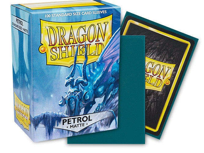 Dragon Shield Matte Sleeves in Petrol color, 100 standard size card sleeves in a box with a dragon design.