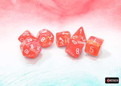 Chessex Festive Dahlia/White Luminary polyhedral 7-dice set featuring vibrant red and white marbled design.