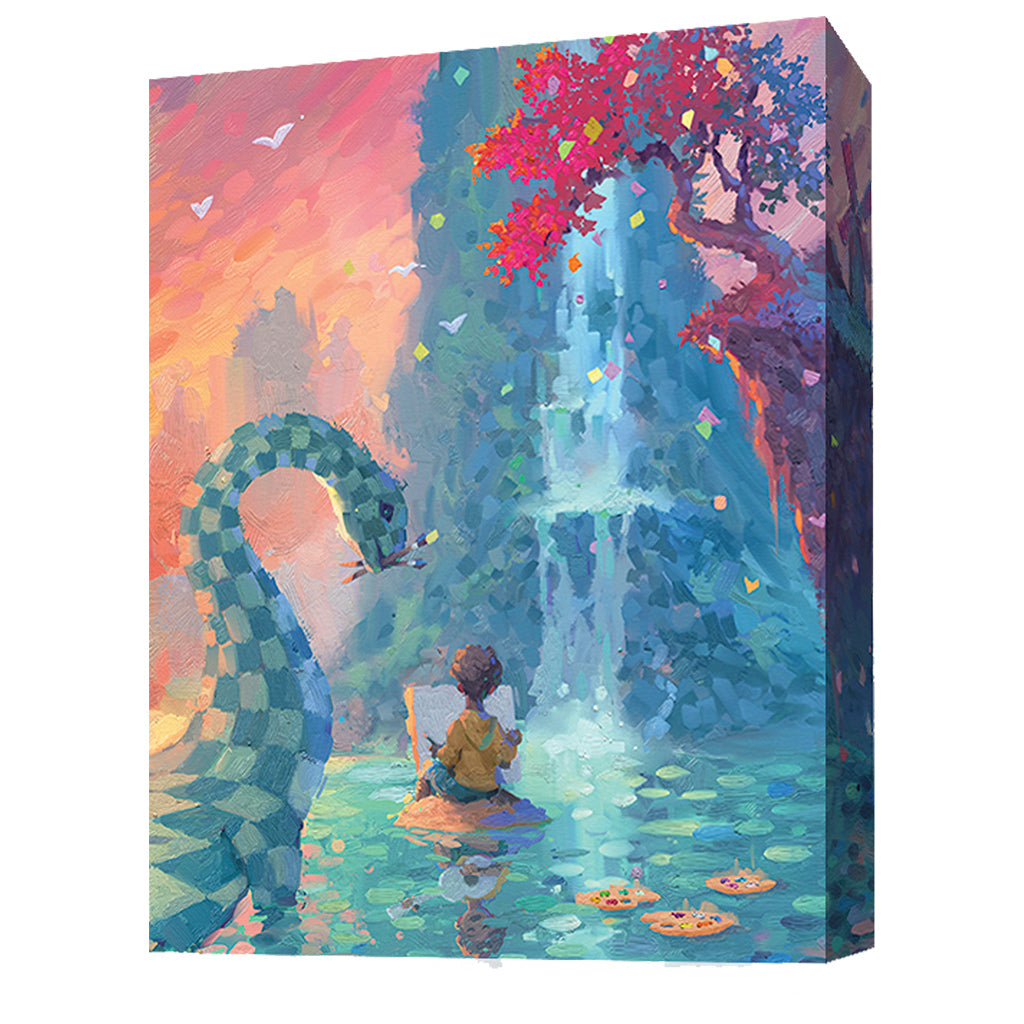 A whimsical canvas artwork featuring a child on a raft by a waterfall, accompanied by a friendly dragon and vibrant trees.