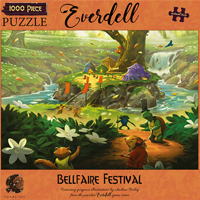 Everdell Bellfaire Festival puzzle box featuring vibrant artwork of woodland creatures celebrating near a waterfall.