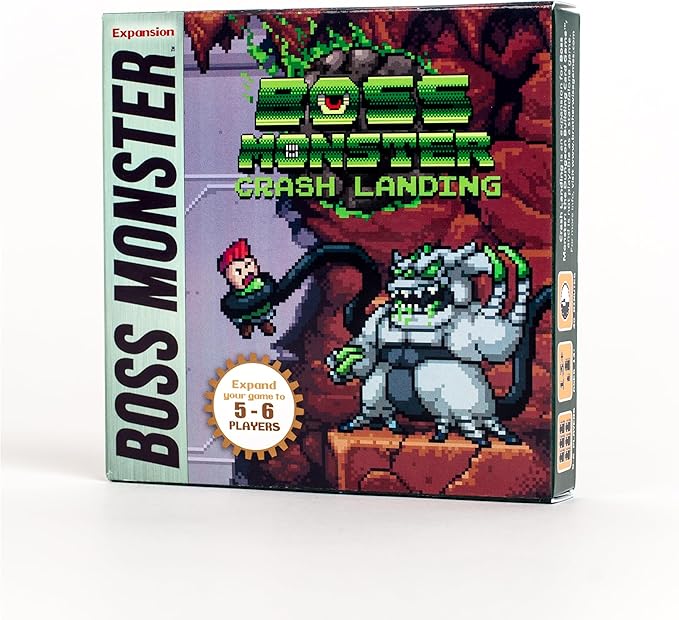 Boss Monster: Crash Landing expansion box featuring pixel art of a monster and a hero, designed for 5-6 players.