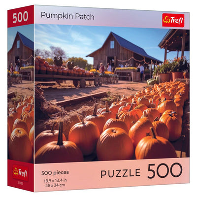 500-piece Halloween Pumpkin Patch puzzle box featuring vibrant pumpkins and rustic barns in a festive autumn setting.