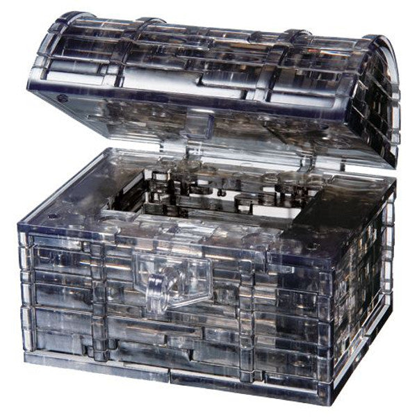3D crystal puzzle of a treasure chest in black, featuring an open lid and intricate detailing on the surface.