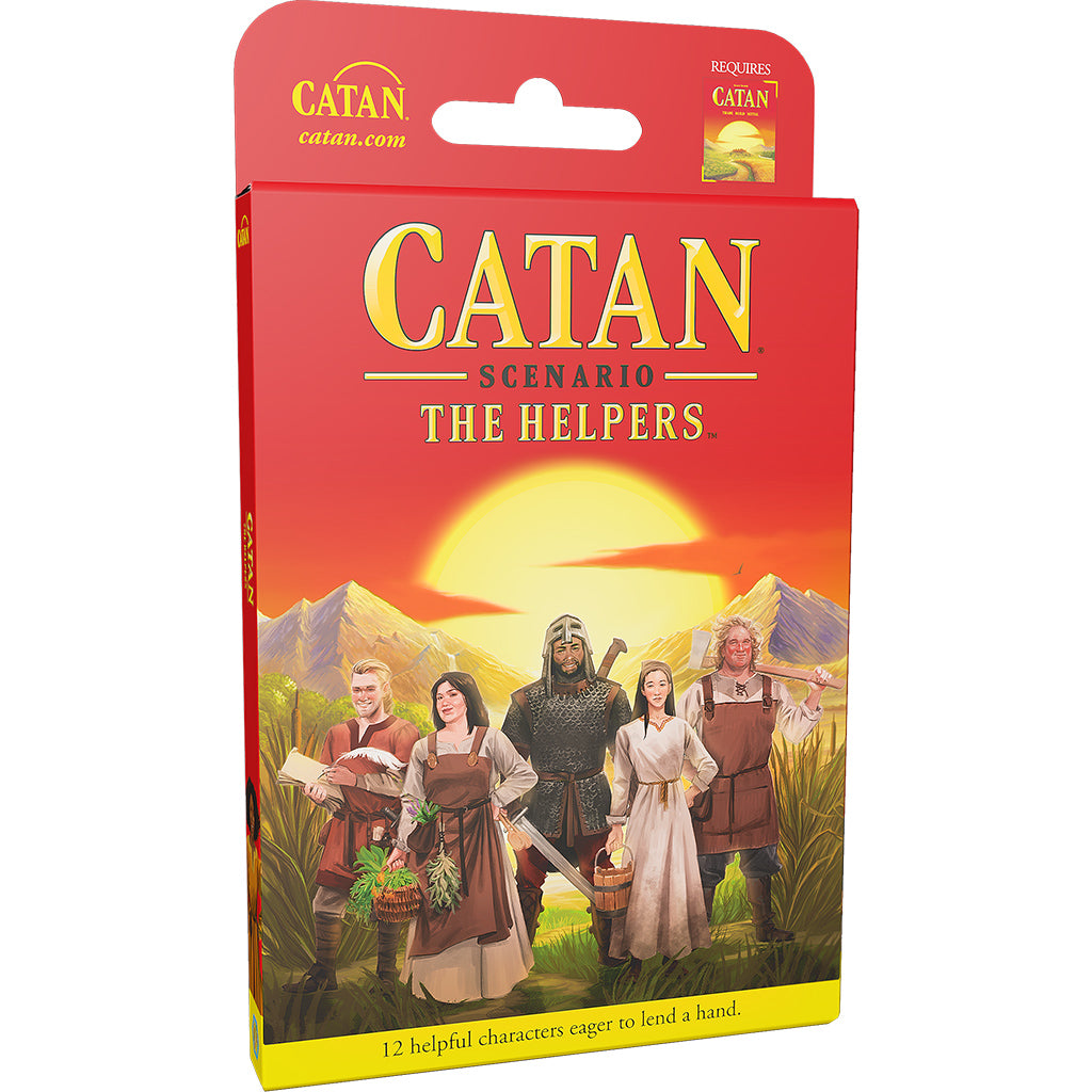 Catan - The Helpers expansion pack featuring five characters on the box, designed to enhance the Catan board game experience.