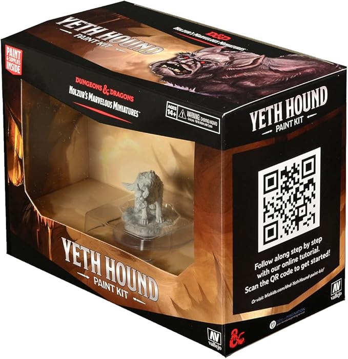 Unpainted Yeth Hound miniature in a Dungeons & Dragons paint kit box, featuring a QR code for painting instructions.