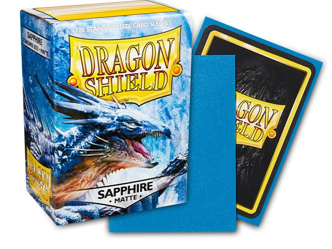 Dragon Shield Matte Sleeves in Sapphire color, featuring a box of 100 standard size card sleeves with a dragon design.