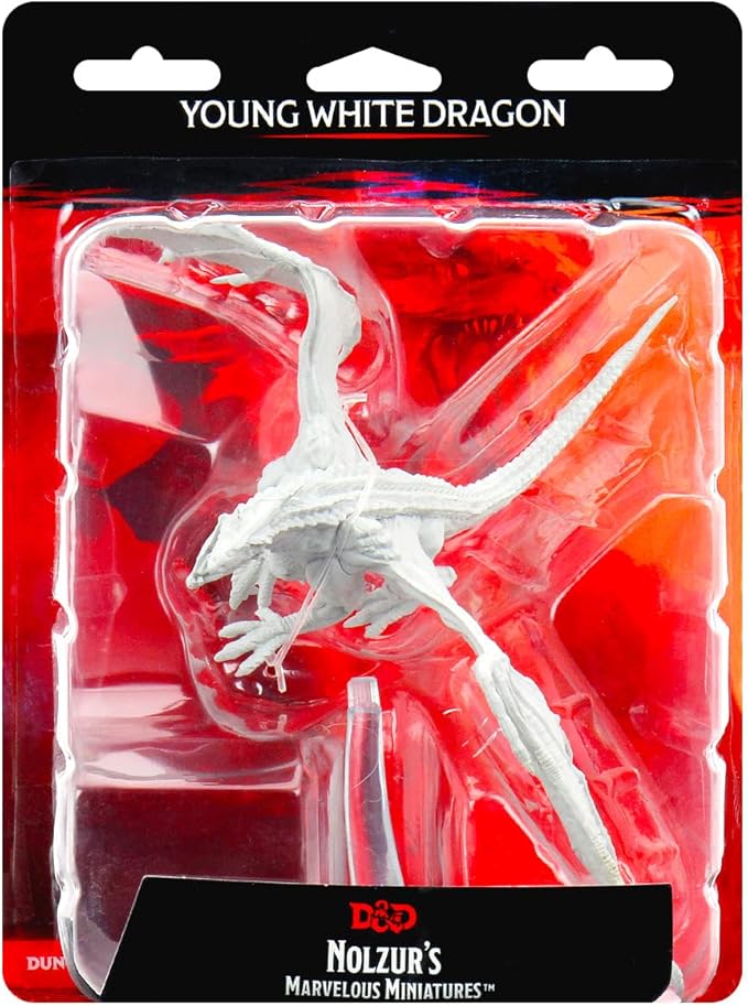 Unpainted Young White Dragon miniature from Dungeons & Dragons Nolzur's Marvelous Minis, displayed in packaging.
