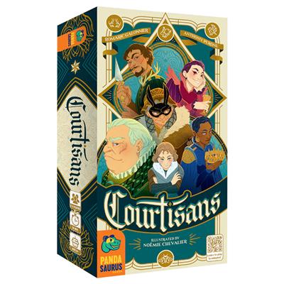 Colorful box art for the board game "Courtisans," featuring diverse characters and ornate design elements.