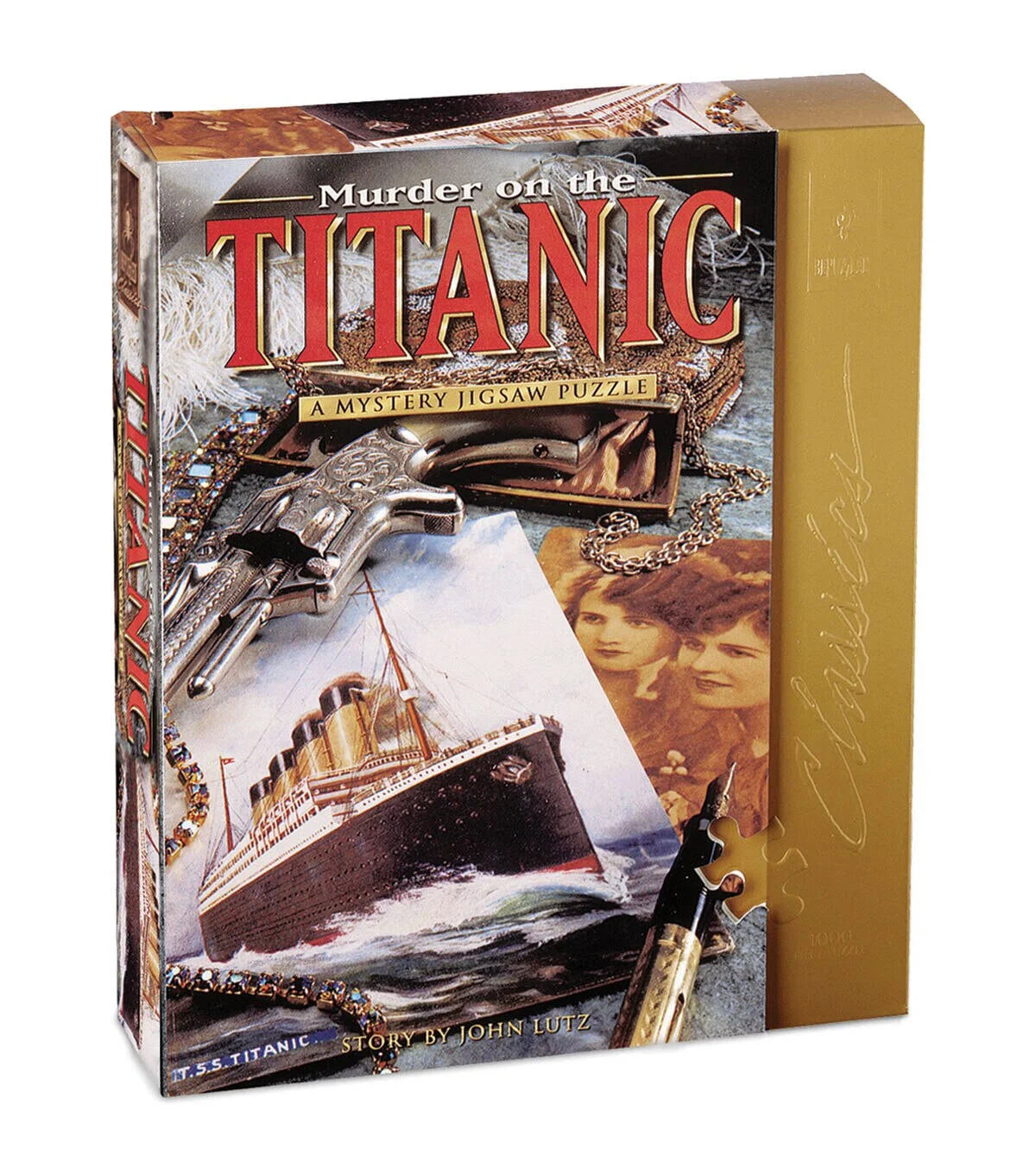 BePuzzled Murder on the Titanic 1000-piece jigsaw puzzle box featuring a ship, vintage photos, and mystery elements.