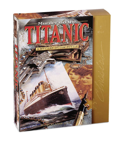 BePuzzled Murder on the Titanic 1000-piece jigsaw puzzle box featuring a ship, vintage photos, and mystery elements.