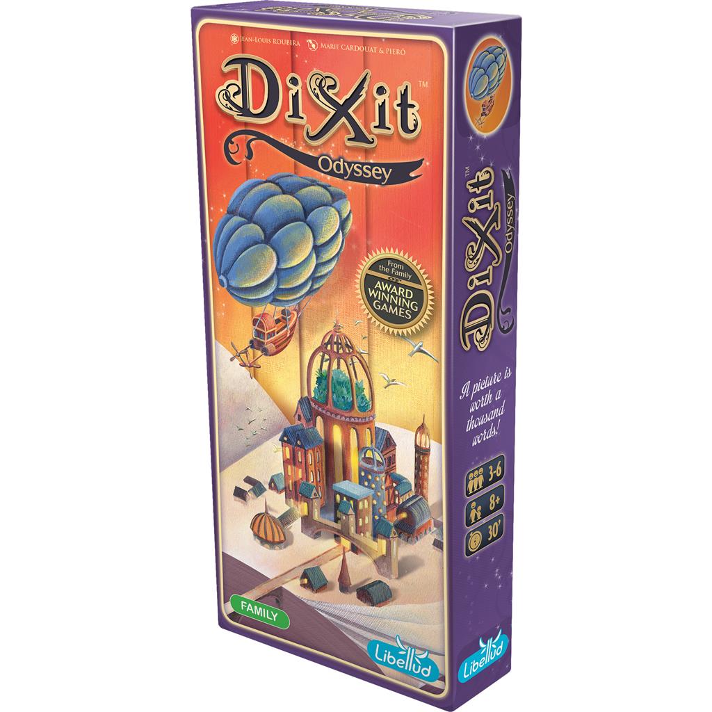 Dixit: Odyssey Expansion box featuring whimsical artwork of a hot air balloon over a colorful fantasy village.