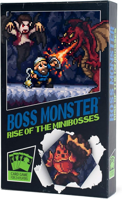 Box of Boss Monster: Rise of the Minibosses featuring pixel art of heroes battling monsters in a dungeon setting.