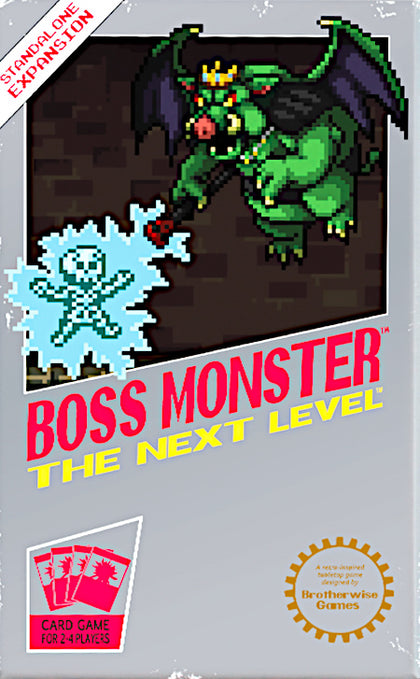 Boss Monster 2: The Next Level expansion box featuring a pixel art dragon and ghost, designed for 2 players.