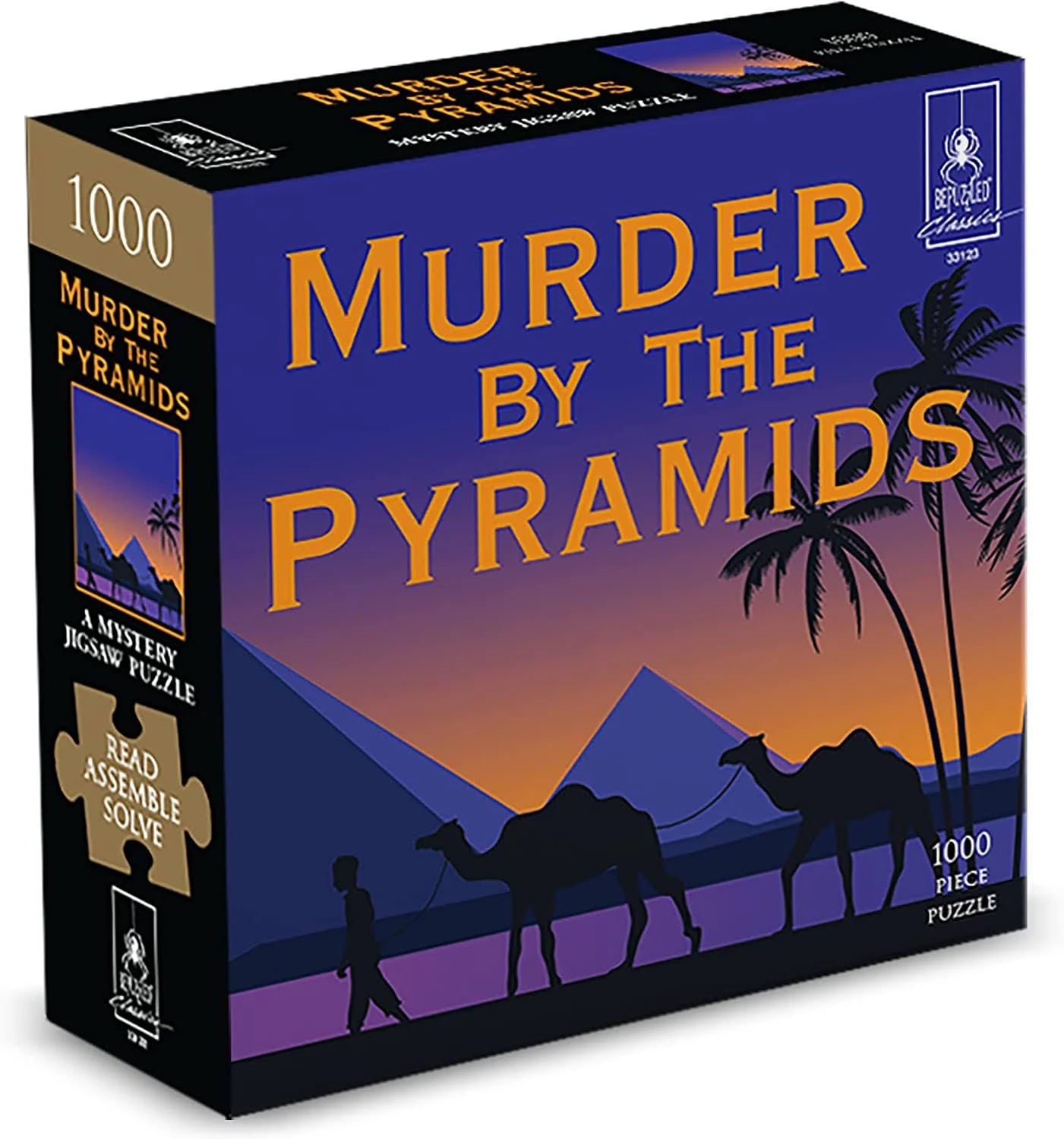 Mystery jigsaw puzzle box featuring "Murder by the Pyramids" with a desert scene, camels, and pyramids silhouette.