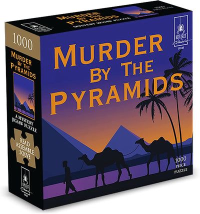 Mystery jigsaw puzzle box featuring "Murder by the Pyramids" with a desert scene, camels, and pyramids silhouette.