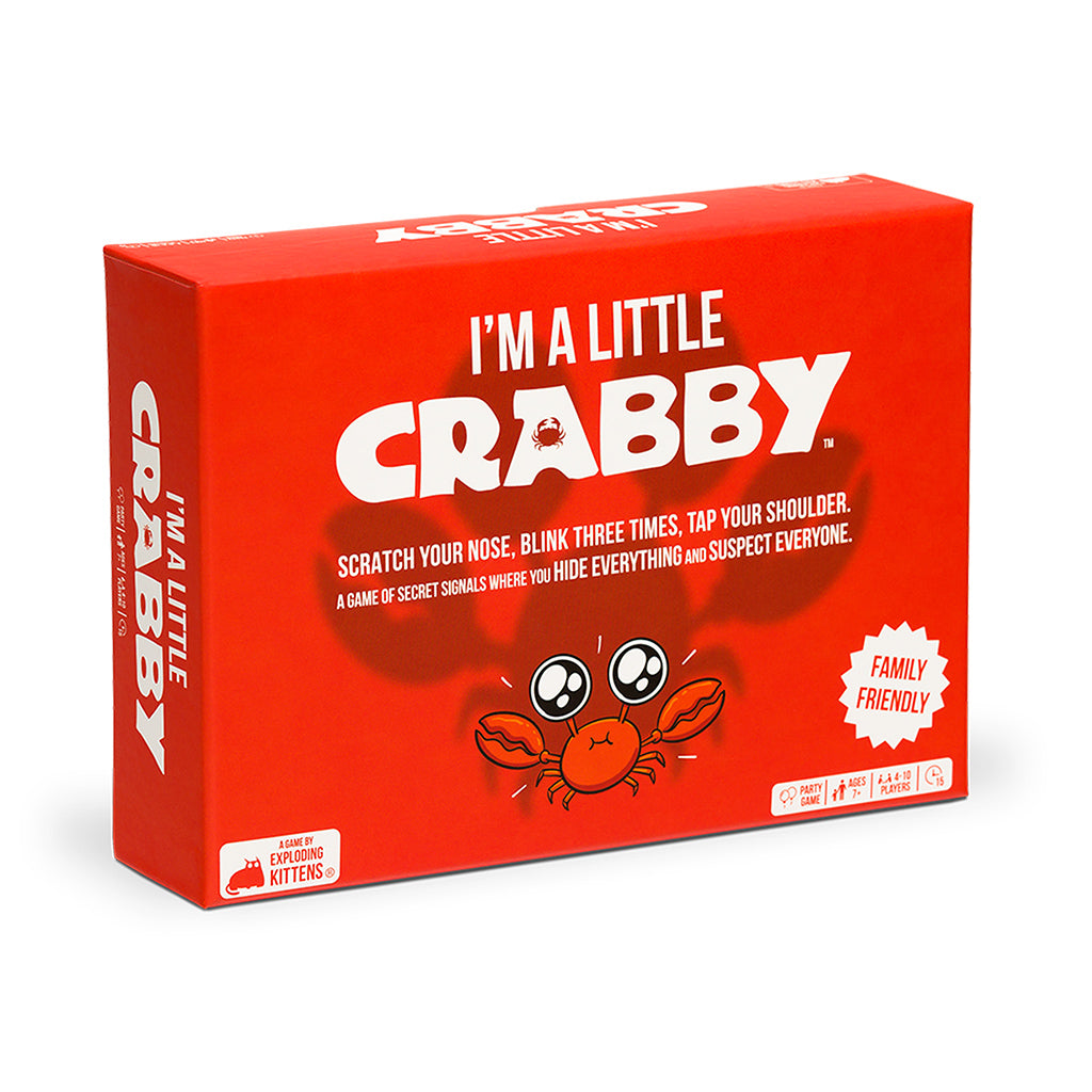 Red game box for "I'm a Little Crabby," featuring a cartoon crab and family-friendly game details.