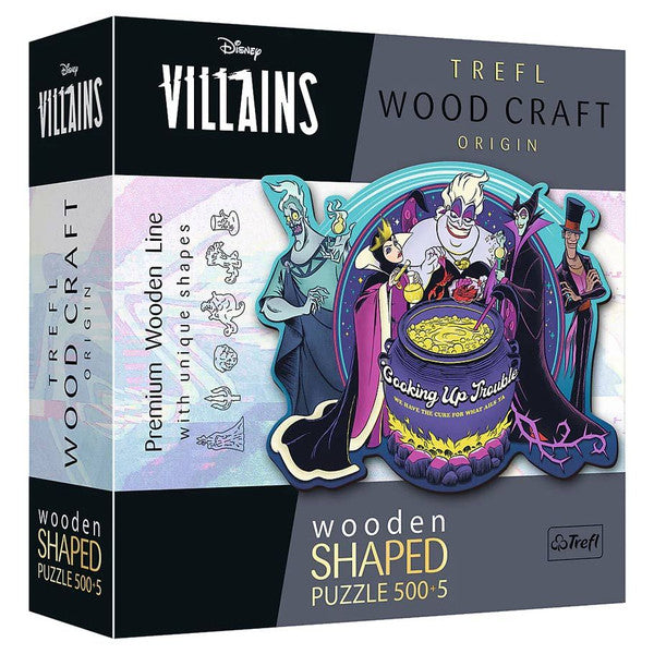 Disney Woodcraft Villains 500 Piece Puzzle featuring unique wooden shapes and iconic Disney villains artwork.