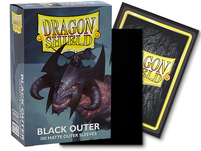 Dragon Shield Matte Sleeves in Outer Black, 100-count pack, designed for protecting trading cards with a textured finish.