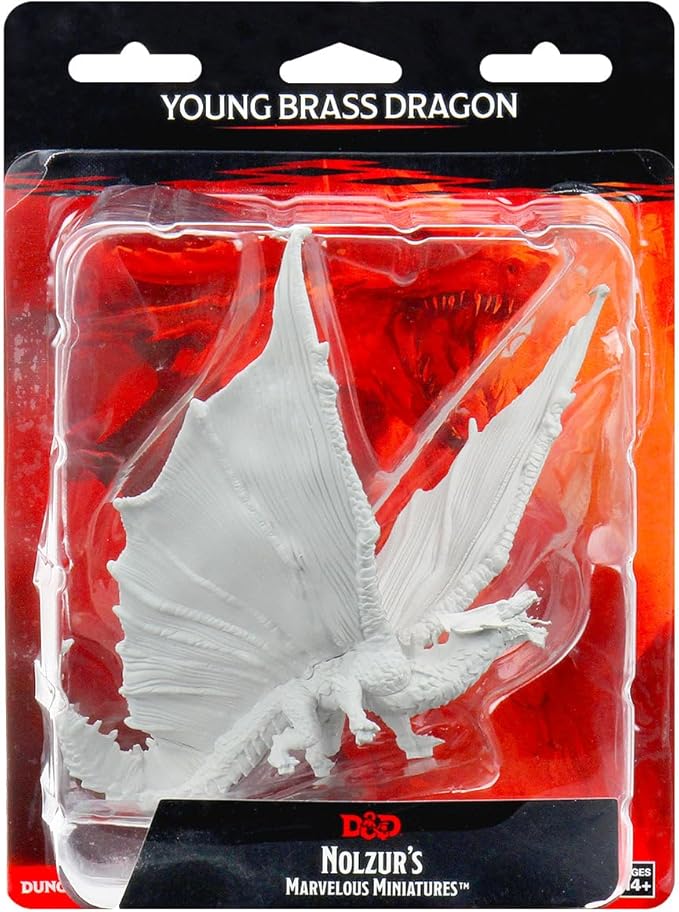 Unpainted Young Brass Dragon miniature from Dungeons & Dragons Nolzur's Marvelous Minis, featuring detailed wings and scales.