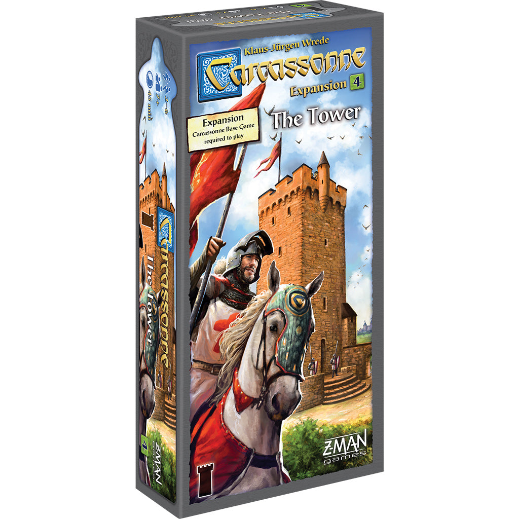 Carcassonne Expansion 4: The Tower box featuring a knight on horseback and a medieval tower illustration.