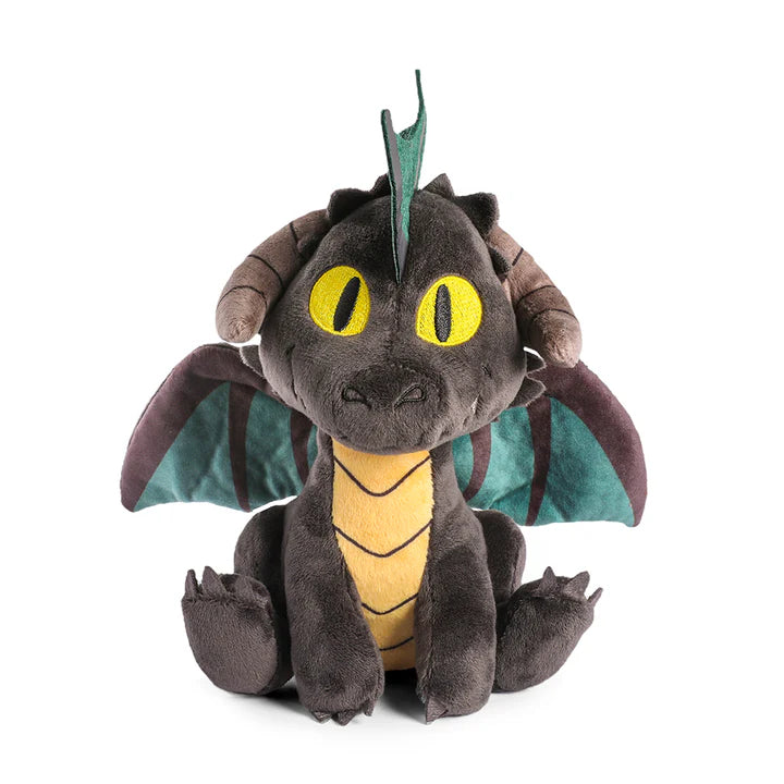 Dungeons & Dragons Black Dragon Phunny Plush by Kidrobot, featuring a cute, soft dragon with yellow eyes and green accents.