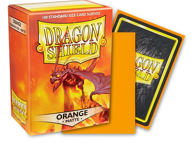 Dragon Shield Matte Sleeves in orange, featuring a box of 100 standard size card sleeves and a sample sleeve.