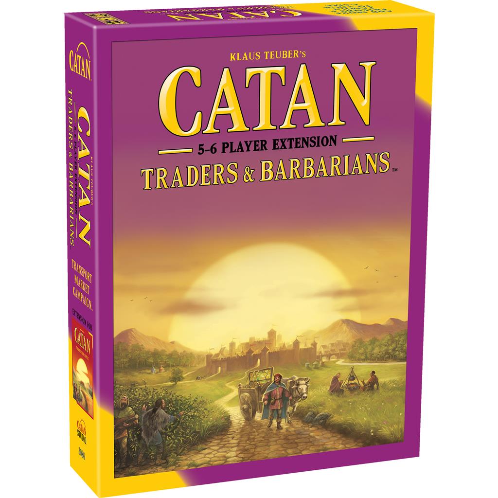 Catan: Traders & Barbarians 5-6 Player Extension box featuring vibrant artwork of a sunset and a trading caravan.