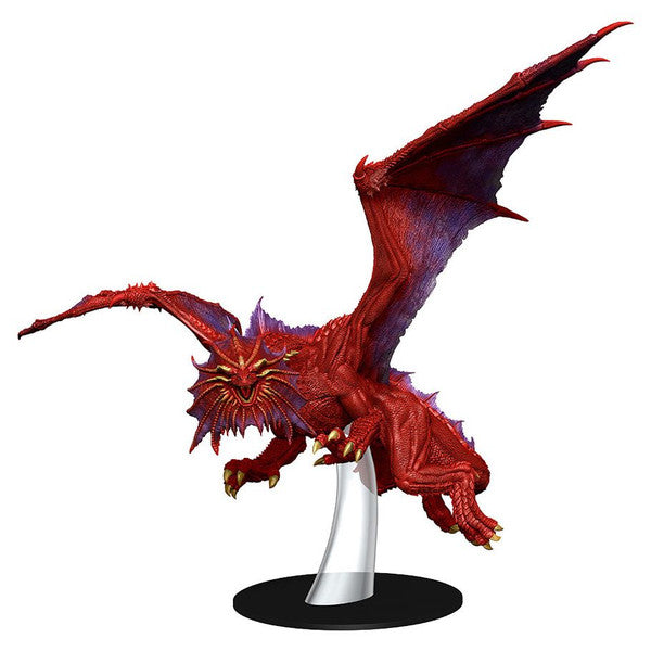 Detailed red dragon miniature from Dungeons & Dragons, featuring wings and intricate scales, designed for tabletop gaming.