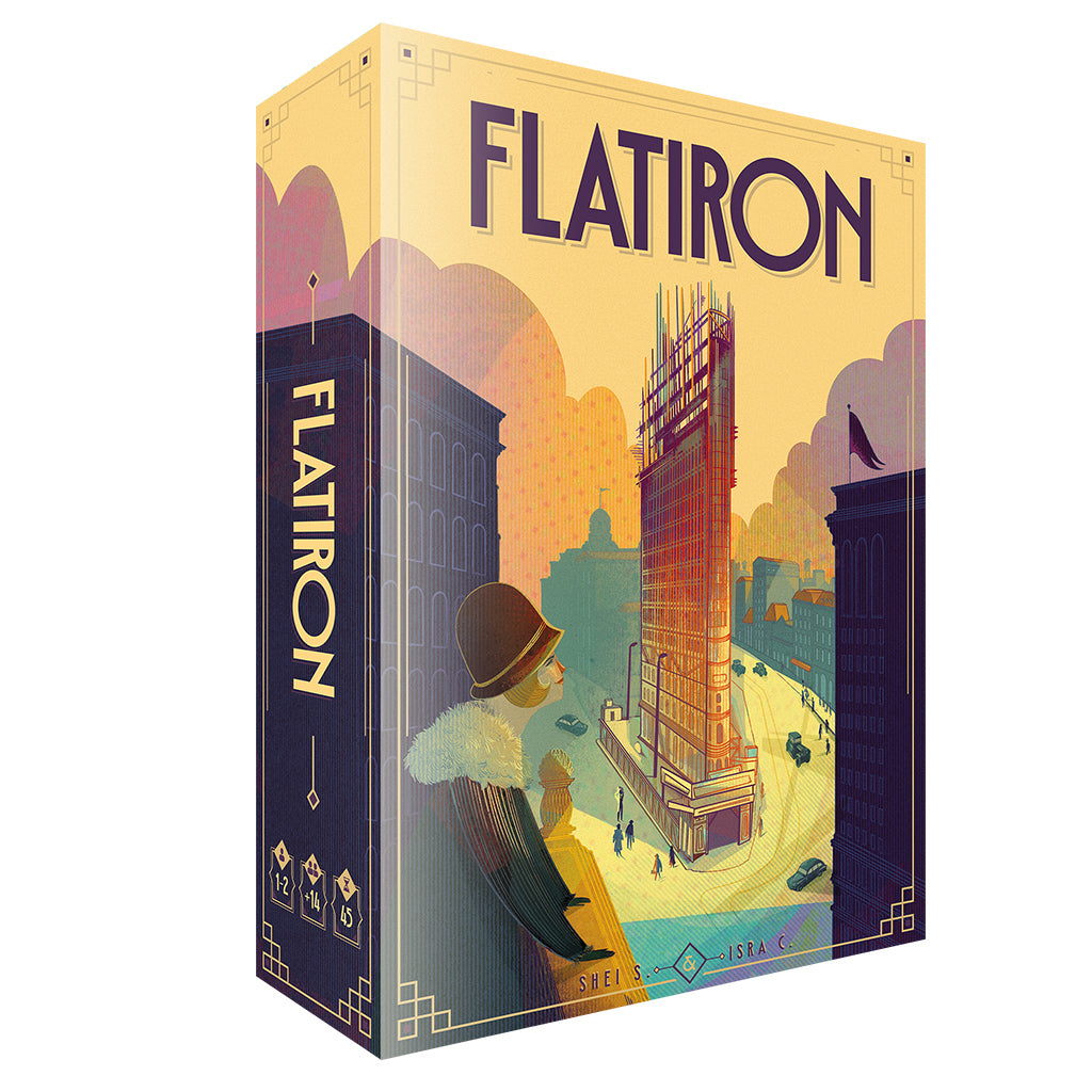 Artistic box design for the board game Flatiron, featuring a stylized illustration of a cityscape with a prominent building.