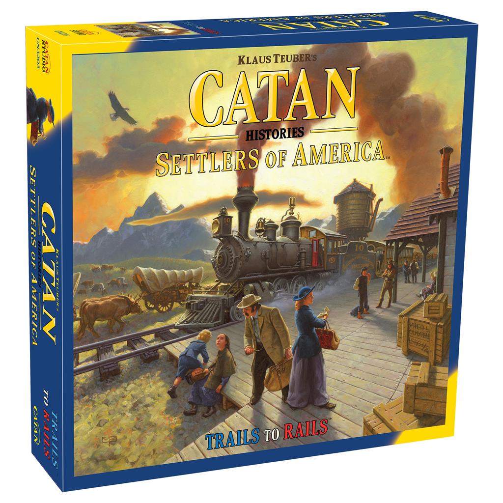 Catan Settlers of America board game box featuring a train station scene with a steam train and settlers.